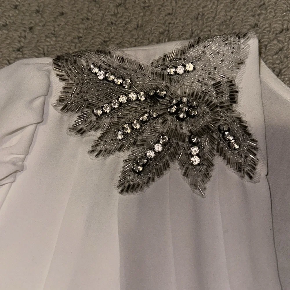 Belatrix Embellished Beaded Shoulder Gatsby Flapper Sequin Blouse White Silver S - Picture 5 of 9